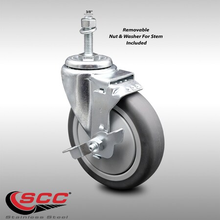Service Caster 5 Inch SS Thermoplastic Rubber Swivel 3/8 Inch Threaded Stem Caster with Brake SCC-SSTS20S514-TPRB-TLB-381615